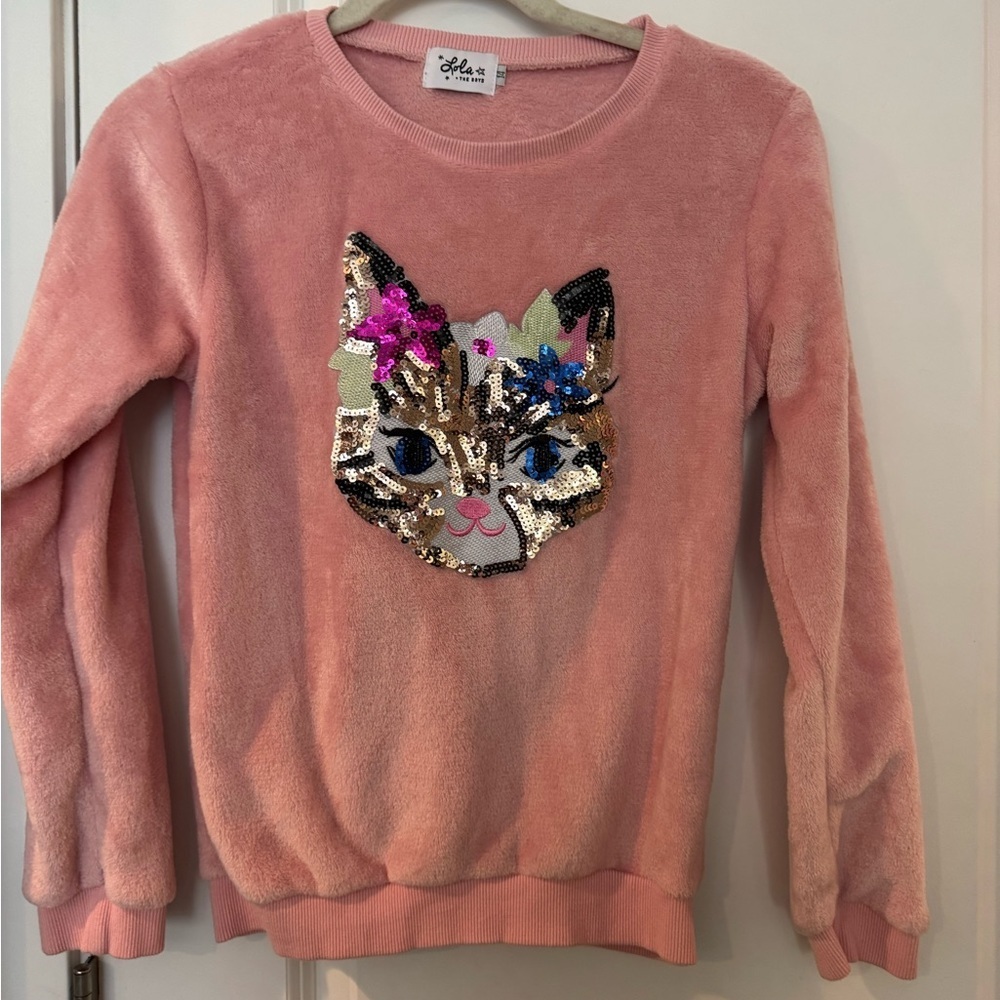Lola + The Boys Soft Pink Velour Kitty Pullover